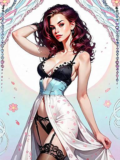 Realistic Woman in Elegant Black Lace Lingerie with Sheer Floral Robe Artwork