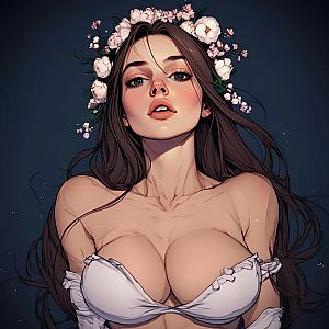 Detailed Anime Style Illustration of a Woman with Floral Crown and White Top