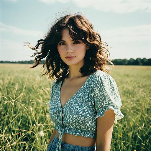 Young Woman in Blue Floral Crop Top Standing in Sunlit Field