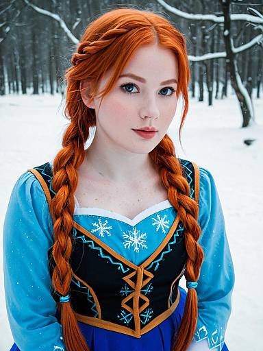 Red-Haired Woman in Anna Frozen Costume in Snowy Forest