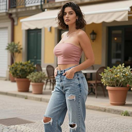 Trendy Gen Z Woman Wearing Pink Tube Top and Distressed Jeans in Urban Setting