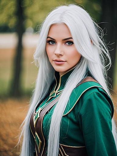 Fantasy Woman with Silver Hair in Green Costume Outdoor Portrait