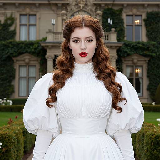 Victorian Style Woman in White Dress with Wavy Red Hair by Ivy Covered Mansion