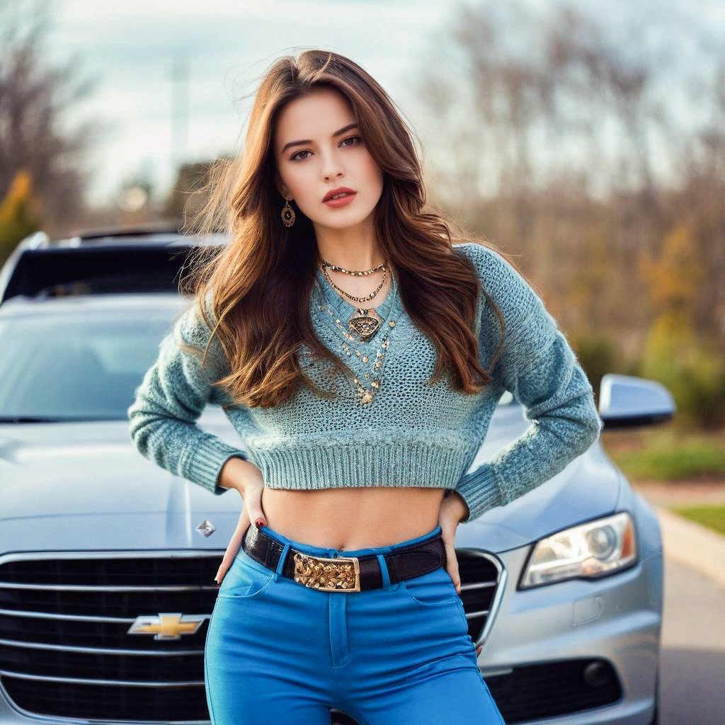 Confident Woman in Stylish Outfit by Silver Car Confident Woman in Stylish Outfit by Silver Car