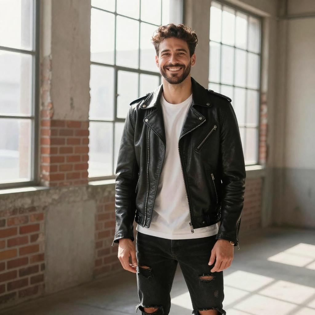 Young Man Wearing Leather Jacket and Ripped Jeans in Industrial Loft