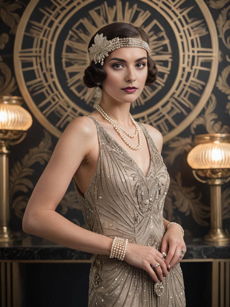 Elegant Great Gatsby Style Woman in Beaded Dress