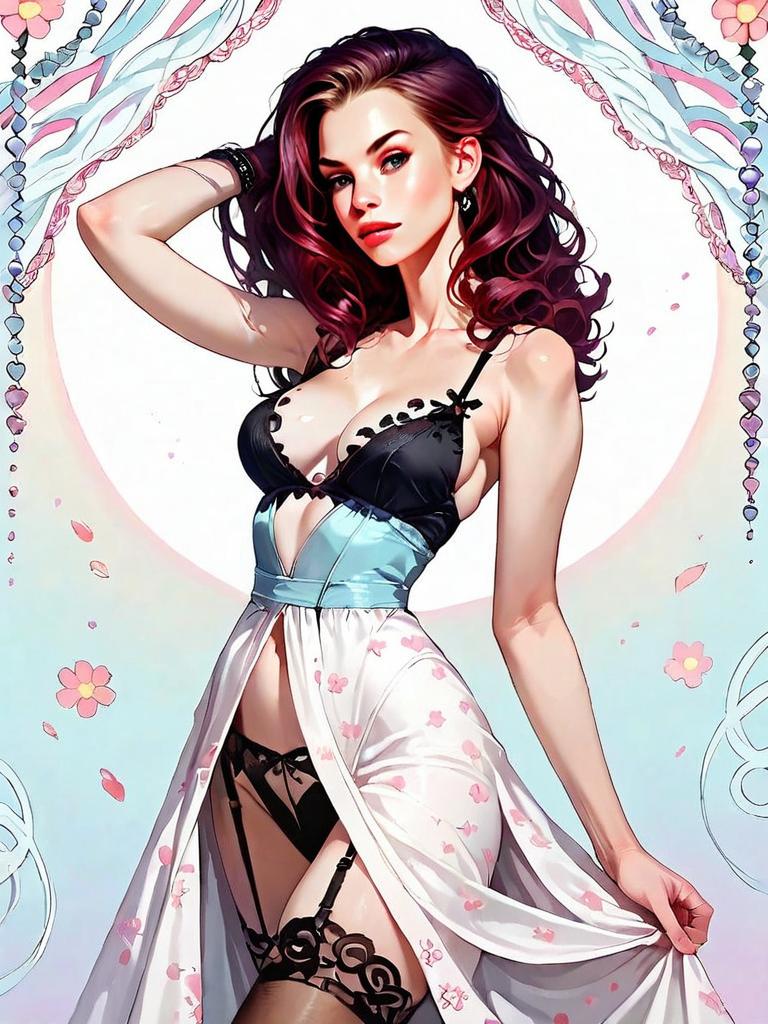 Realistic Woman in Elegant Black Lace Lingerie with Sheer Floral Robe Artwork