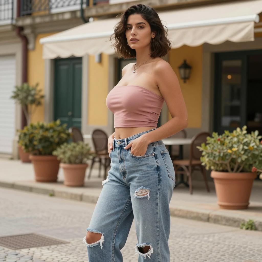 Trendy Gen Z Woman Wearing Pink Tube Top and Distressed Jeans in Urban Setting