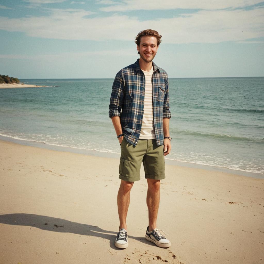 Smiling Man on Beach with Ocean and Clear Sky