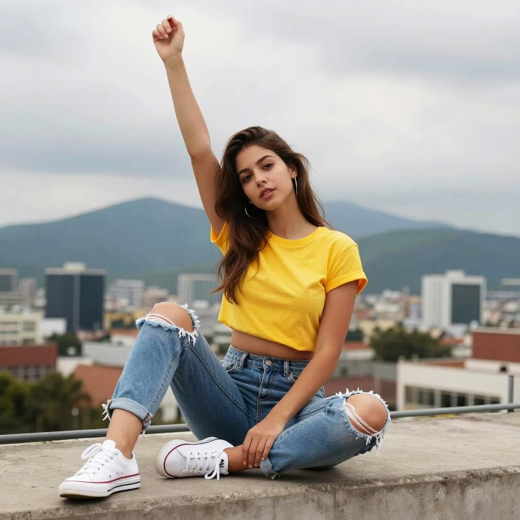 Young Woman in Yellow Crop Top and Ripped Jeans Sitting on Rooftop Urban Fashion