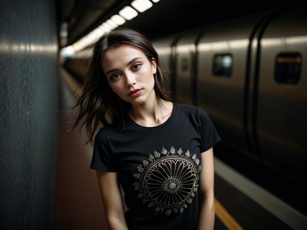 Confident Woman in Stylish Black T-Shirt at Subway Station