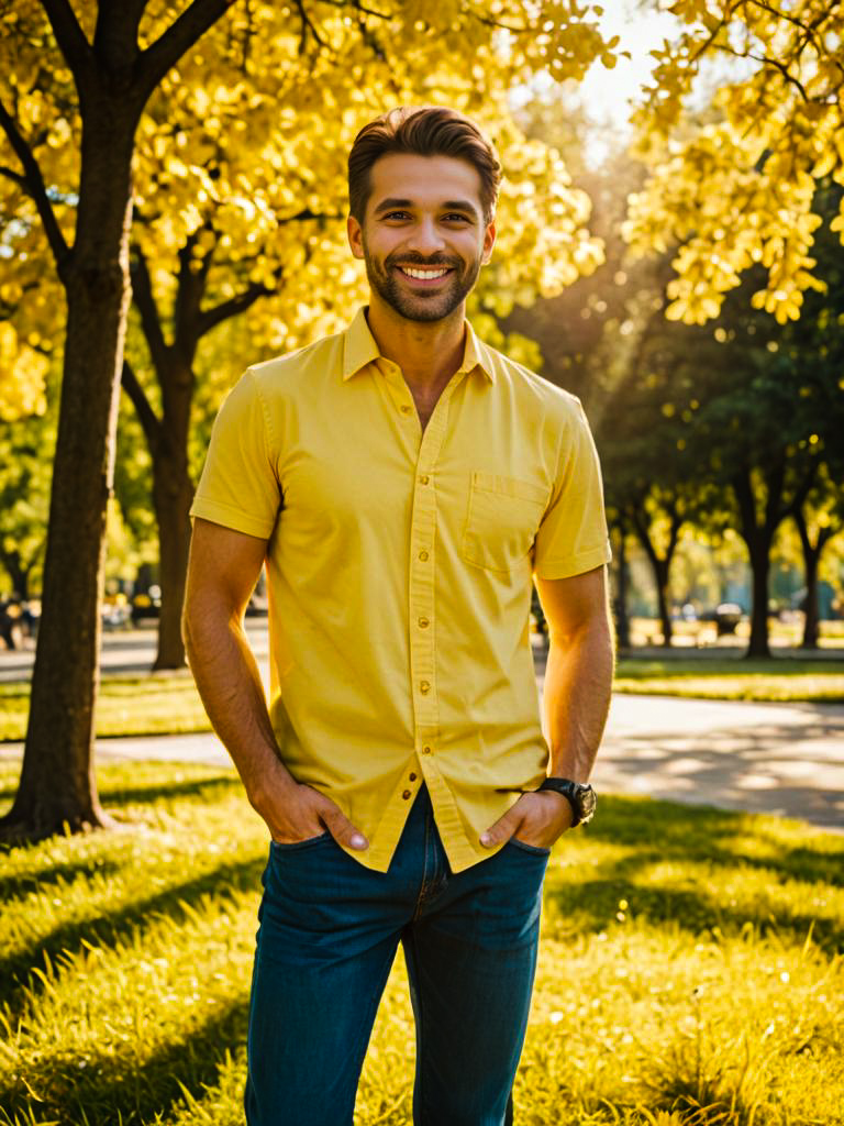 Cheerful man in sunlit park with yellow leaves