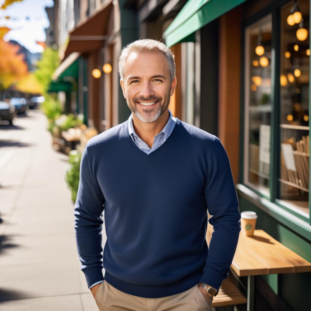 Confident Man in Autumn Street Scene