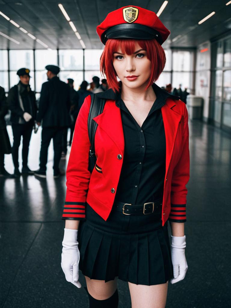 Anime-Inspired Woman in Red and Black Cosplay Uniform with White Gloves