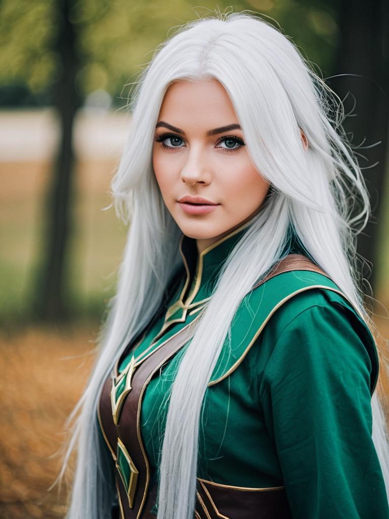 Fantasy Woman with Silver Hair in Green Costume Outdoor Portrait