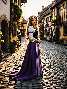 Woman in Vintage Costume on Cobblestone Street