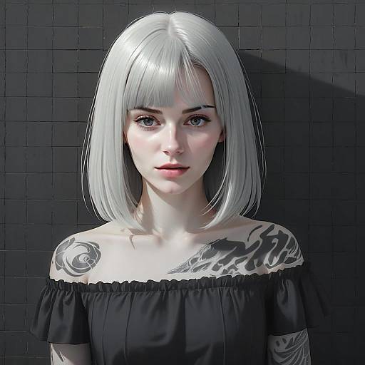 Realistic Anime Portrait of Woman with Silver Hair and Tattoos