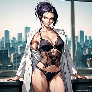 Confident Woman in Black Lace Lingerie and White Blazer in Modern Cityscape - Anime Style