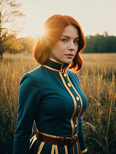 Sexy Cosplay Woman in Mylene Flare Jenius Costume Outdoors