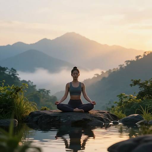 Woman Meditating at Sunrise in Mountain Landscape near Reflective Pond