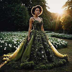 Woman in Green Gown in Enchanted Garden