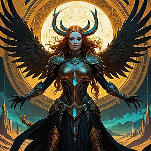 Epic Fantasy Warrior Angel Woman with Black Wings and Horns in Ornate Armor