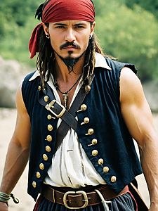 Man in Sleeveless Pirate Costume with Red Bandana and Gold-Button Vest