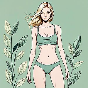 Confident Woman in Green Bikini with Leafy Background