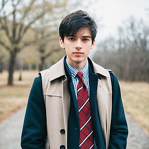 Young Man in Autumn Attire on Overcast Path