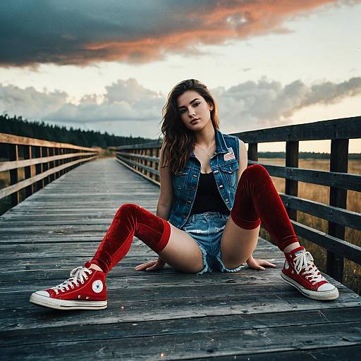 Young Woman in Denim and Red Sneakers Sitting on Wooden Boardwalk at Sunset