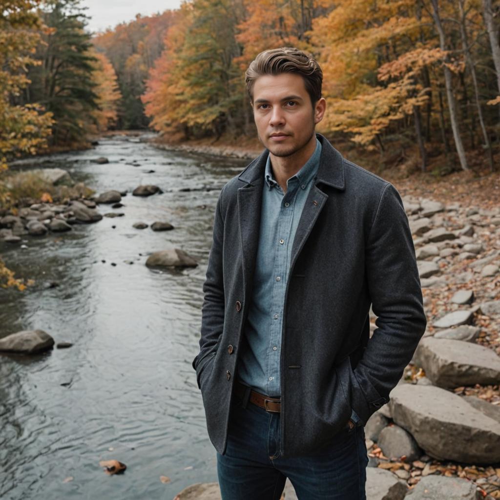 Man by Serene River in Autumn Foliage