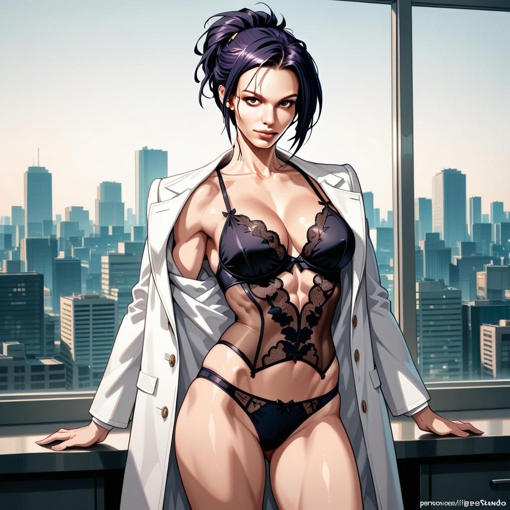 Confident Woman in Black Lace Lingerie and White Blazer in Modern Cityscape - Anime Style