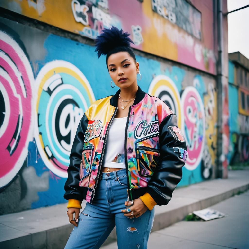 Stylish Woman in Colorful Bomber Jacket Against Graffiti Wall