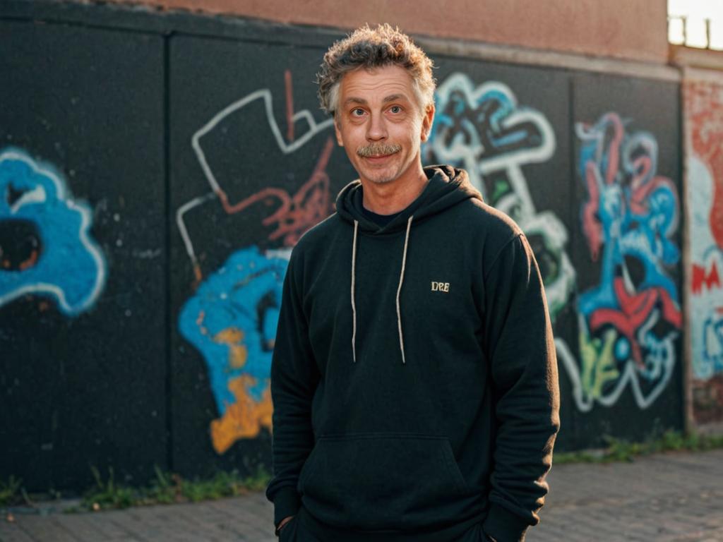 Man in front of graffiti wall, urban hip-hop scene