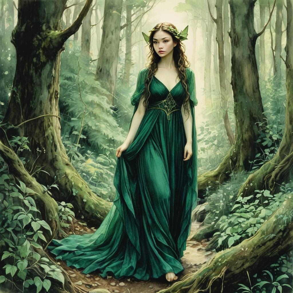 Mystical Woman in Flowing Green Gown Walking Through Enchanted Forest