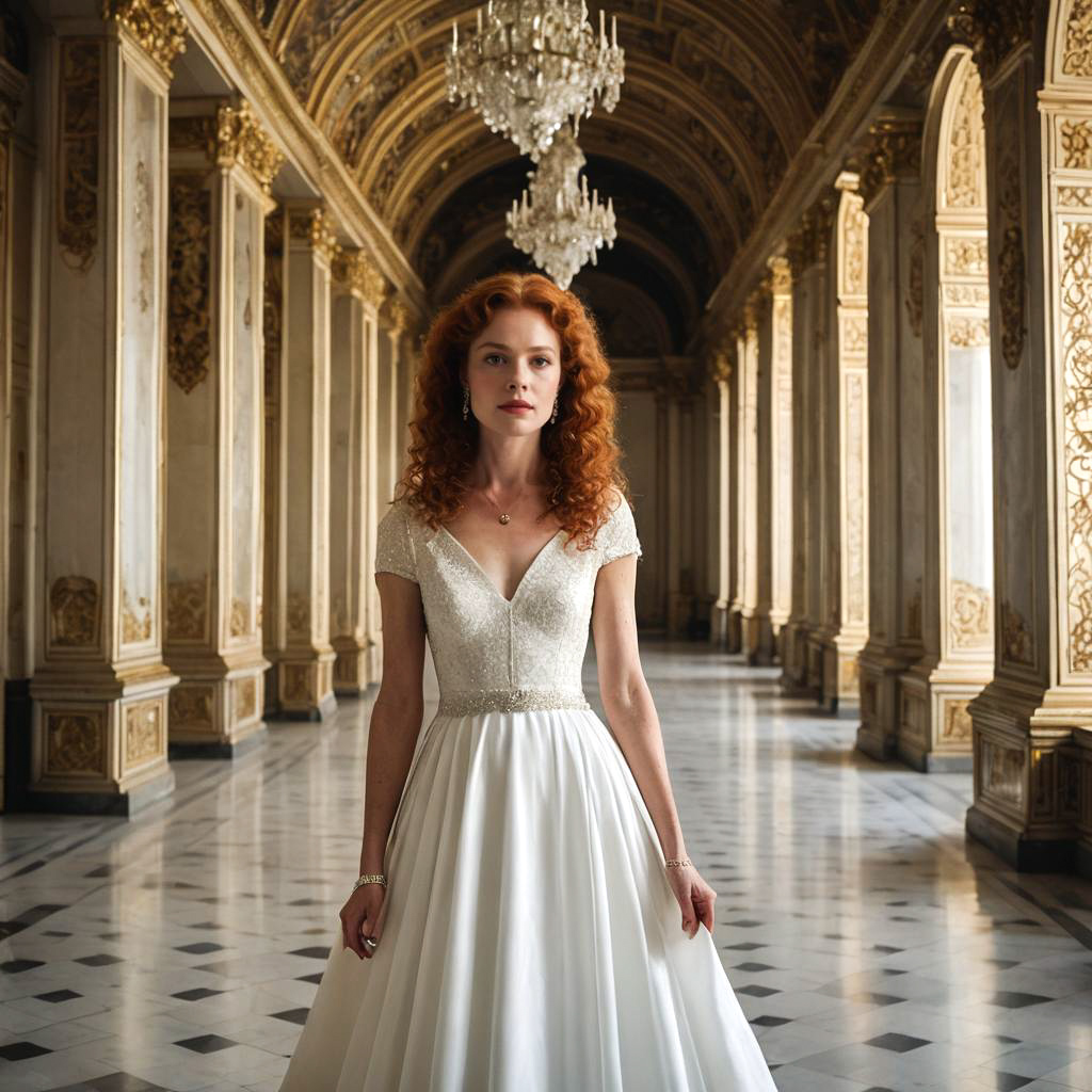 Elegant Woman in White Wedding Dress in Opulent Hall