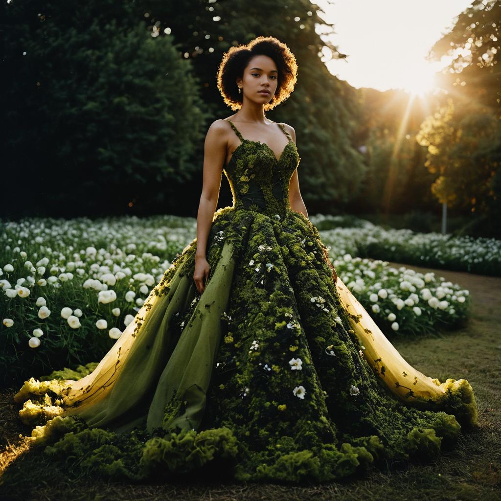 Woman in Green Gown in Enchanted Garden