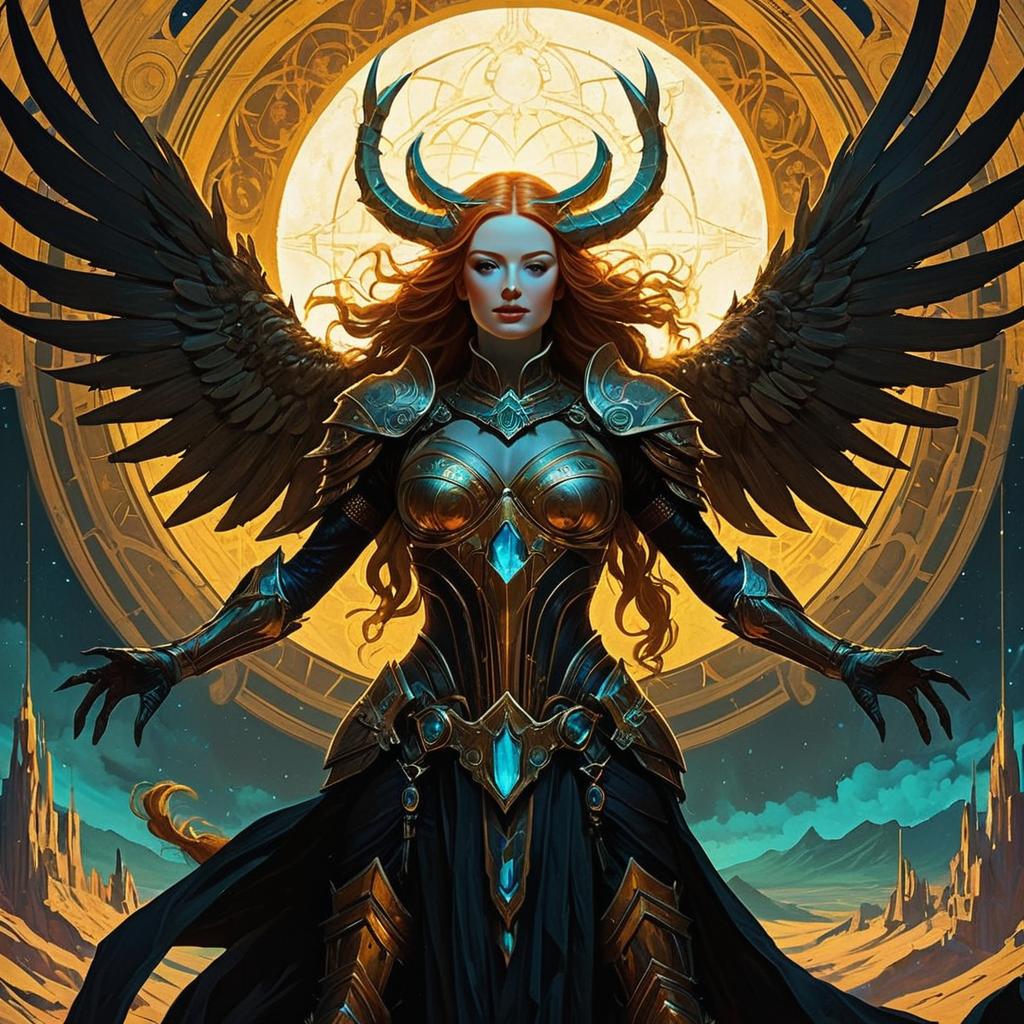 Epic Fantasy Warrior Angel Woman with Black Wings and Horns in Ornate Armor