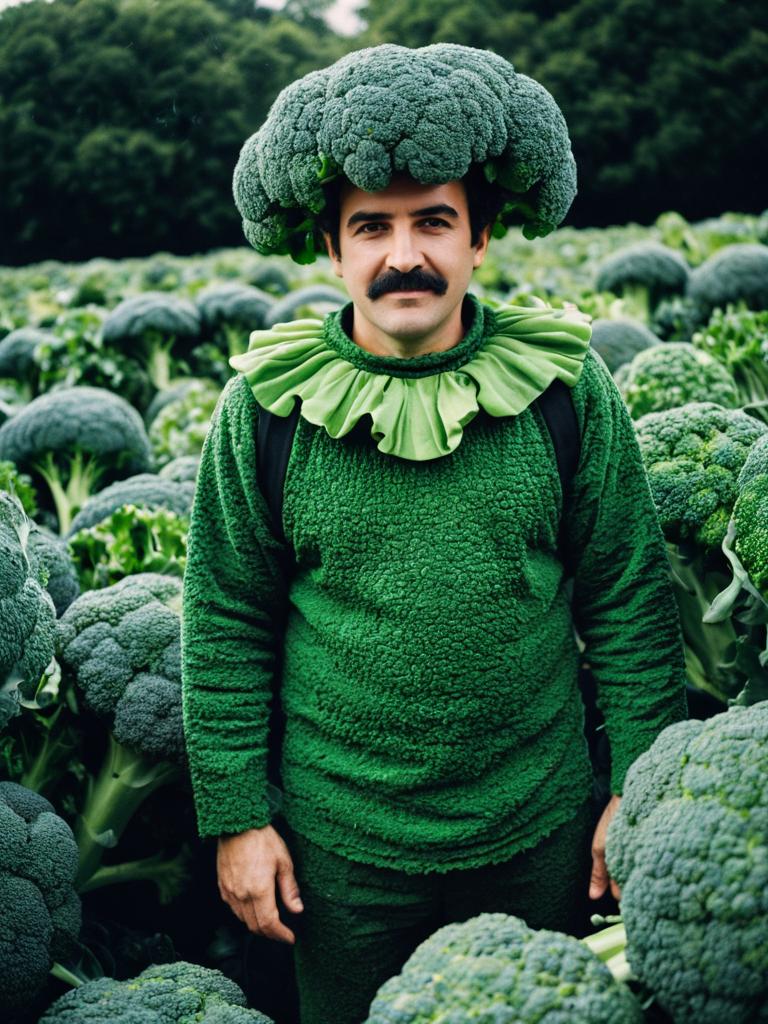 Man in Broccoli Costume Standing in Broccoli Field Humorous Cosplay