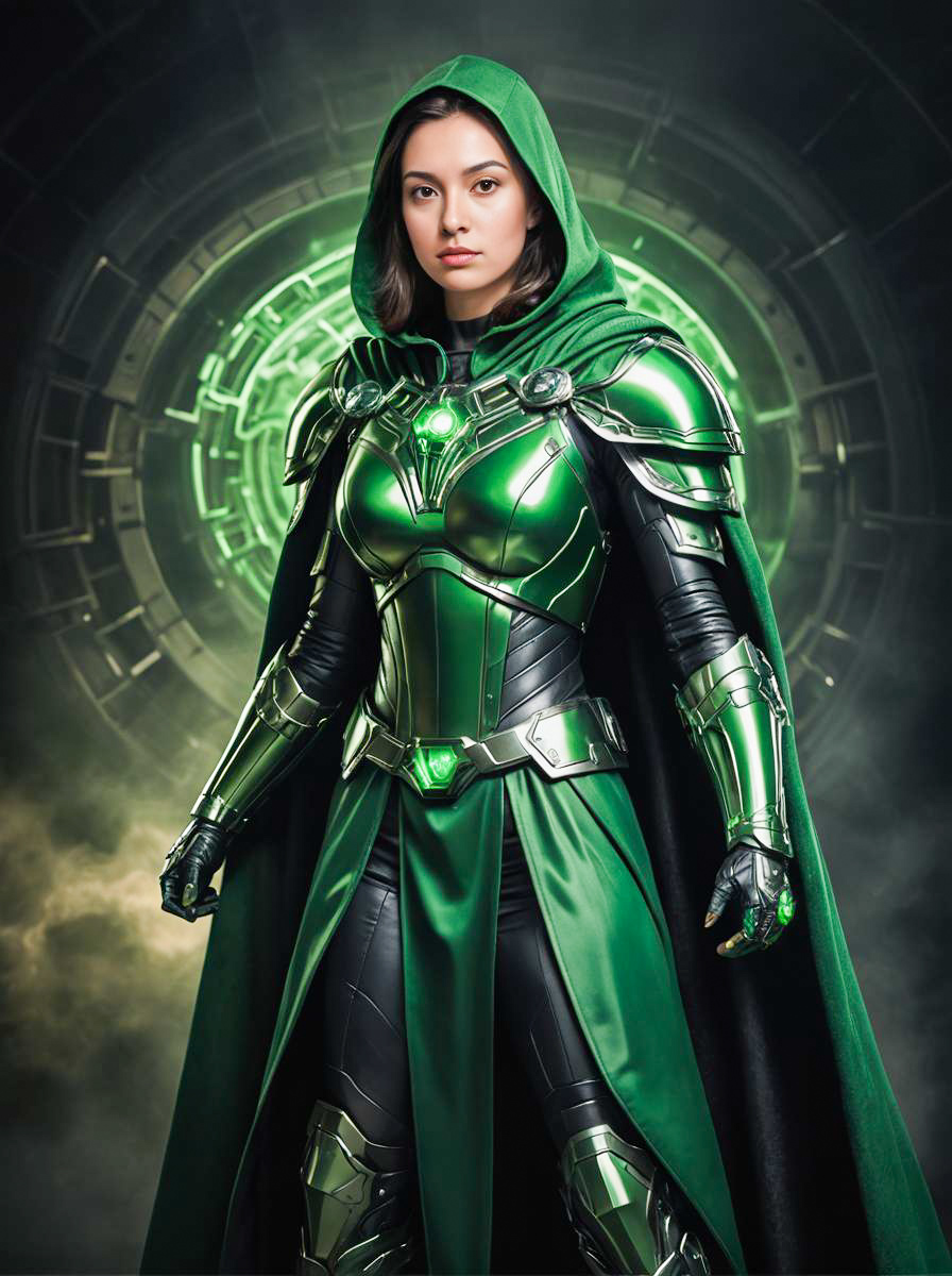 Woman in Vibrant Doctor Doom Costume