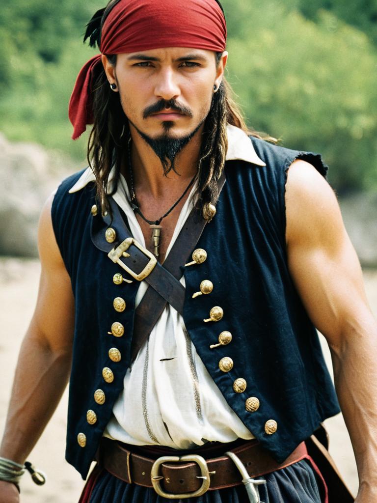 Man in Sleeveless Pirate Costume with Red Bandana and Gold-Button Vest