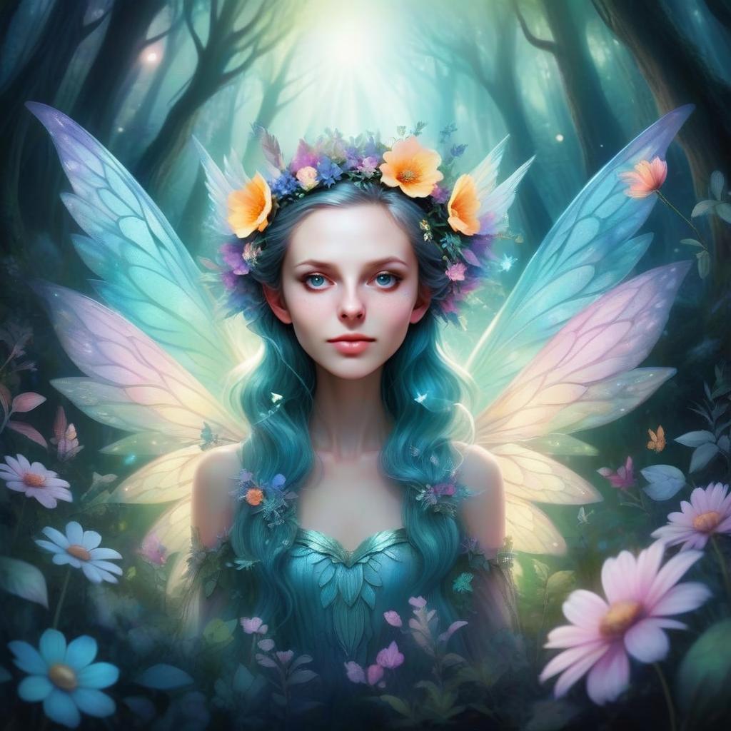 Whimsical Woman with Floral Crown and Butterfly Wings in Magical Forest