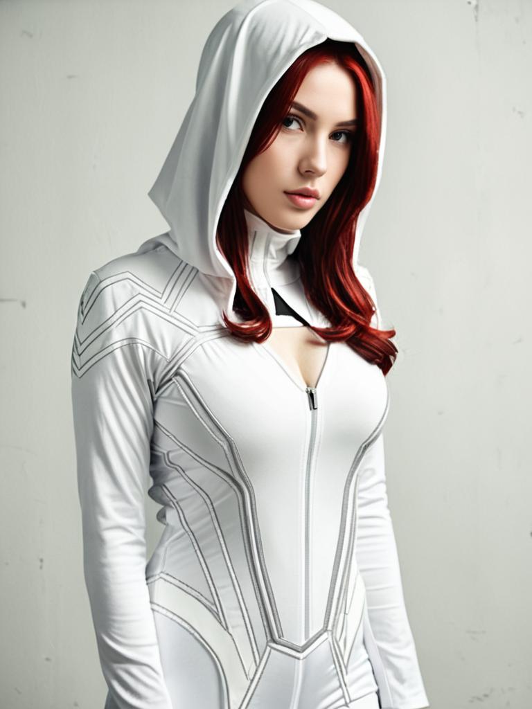 Realistic White Widow Cosplay Woman in Hooded White Costume