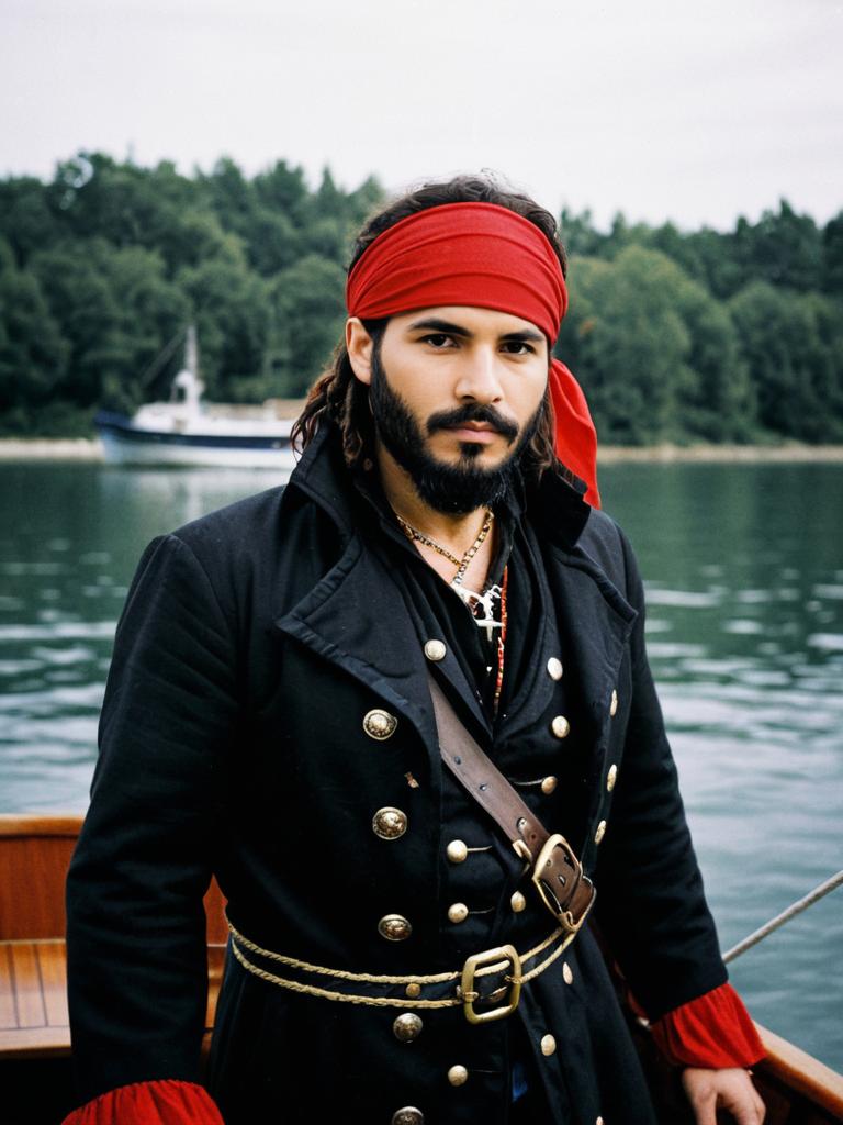 Man in Pirate Clothes Costume with Black Coat and Red Bandana on a Boat