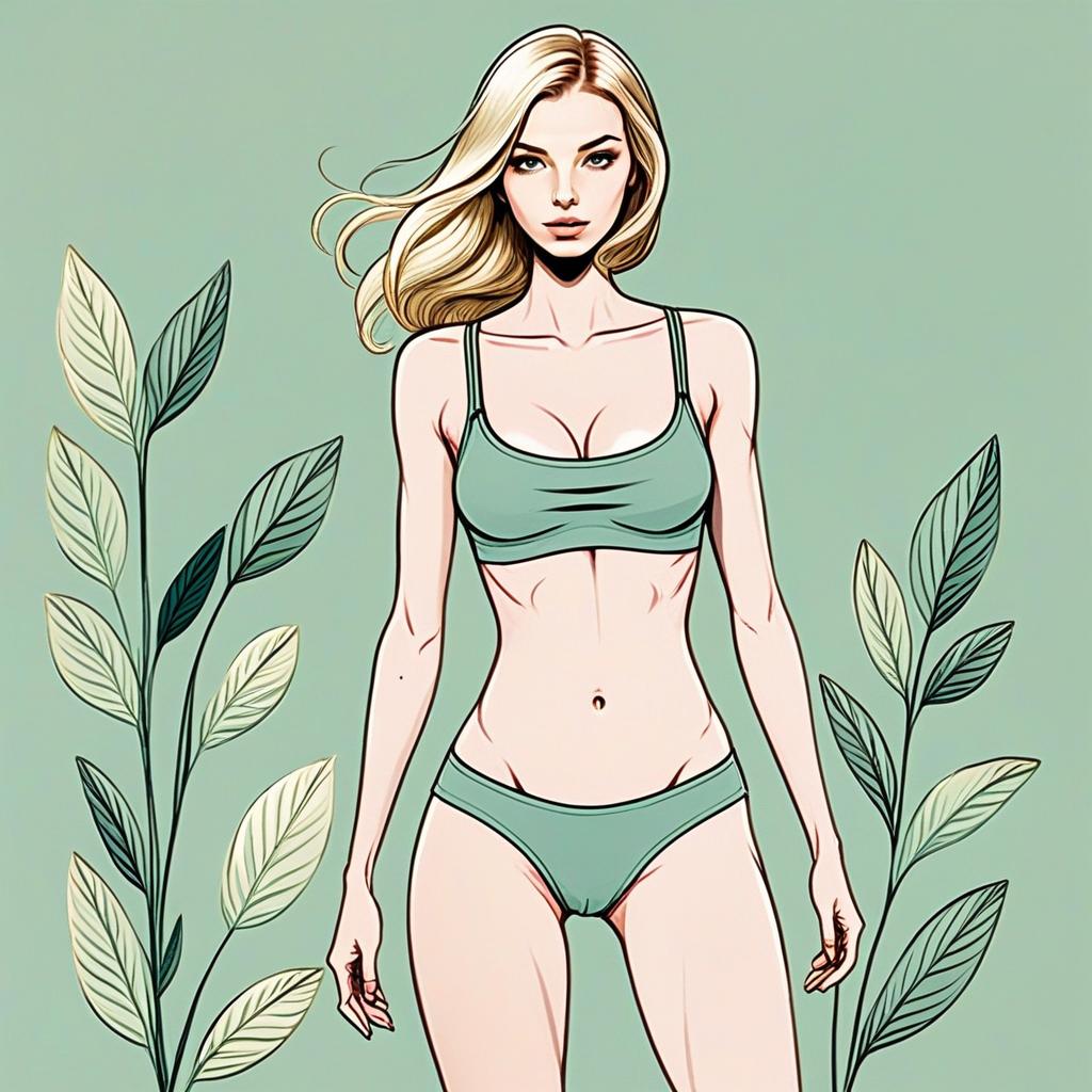 Confident Woman in Green Bikini with Leafy Background Confident Woman in Green Bikini with Leafy Background