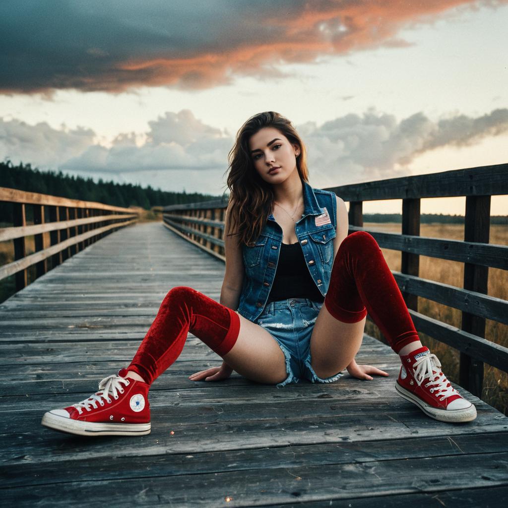 Young Woman in Denim and Red Sneakers Sitting on Wooden Boardwalk at Sunset