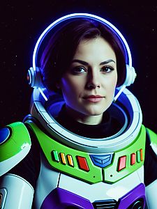 Woman in Buzz Lightyear Costume Waist Up Neon Editorial Portrait
