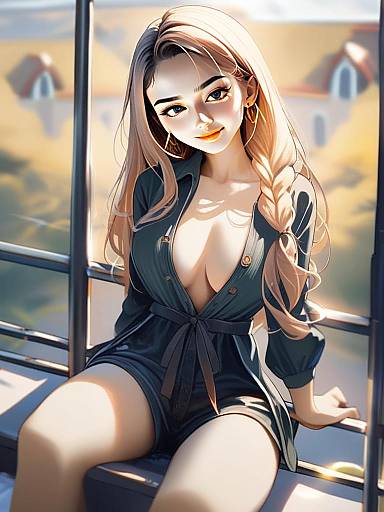 Anime Style Digital Art of Blonde Woman in Stylish Romper Sitting by Window