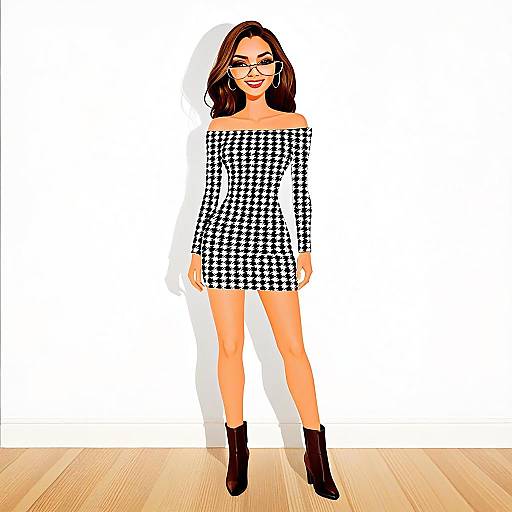 Stylish Woman in Black-and-White Houndstooth Dress with Glasses and Boots