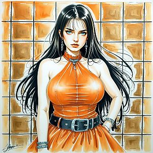Anime Woman with Black Hair in Orange Outfit